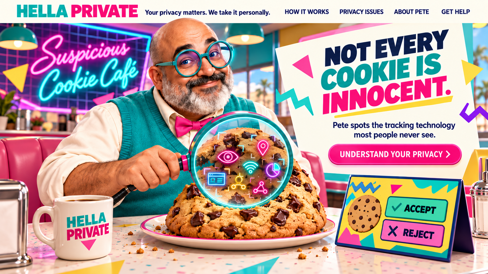 Privacy Pete examines a cookie in the colorful Suspicious Cookie Café. The artwork carries the Hella Private name and Your privacy matters. We take it personally. slogan, and illustrates Accept and Reject choices.